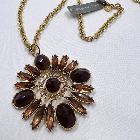 NWT – Worthington Gold Toned 32” Large Chain Necklace w/ Jeweled Flower Pendant - Picture 4 of 5